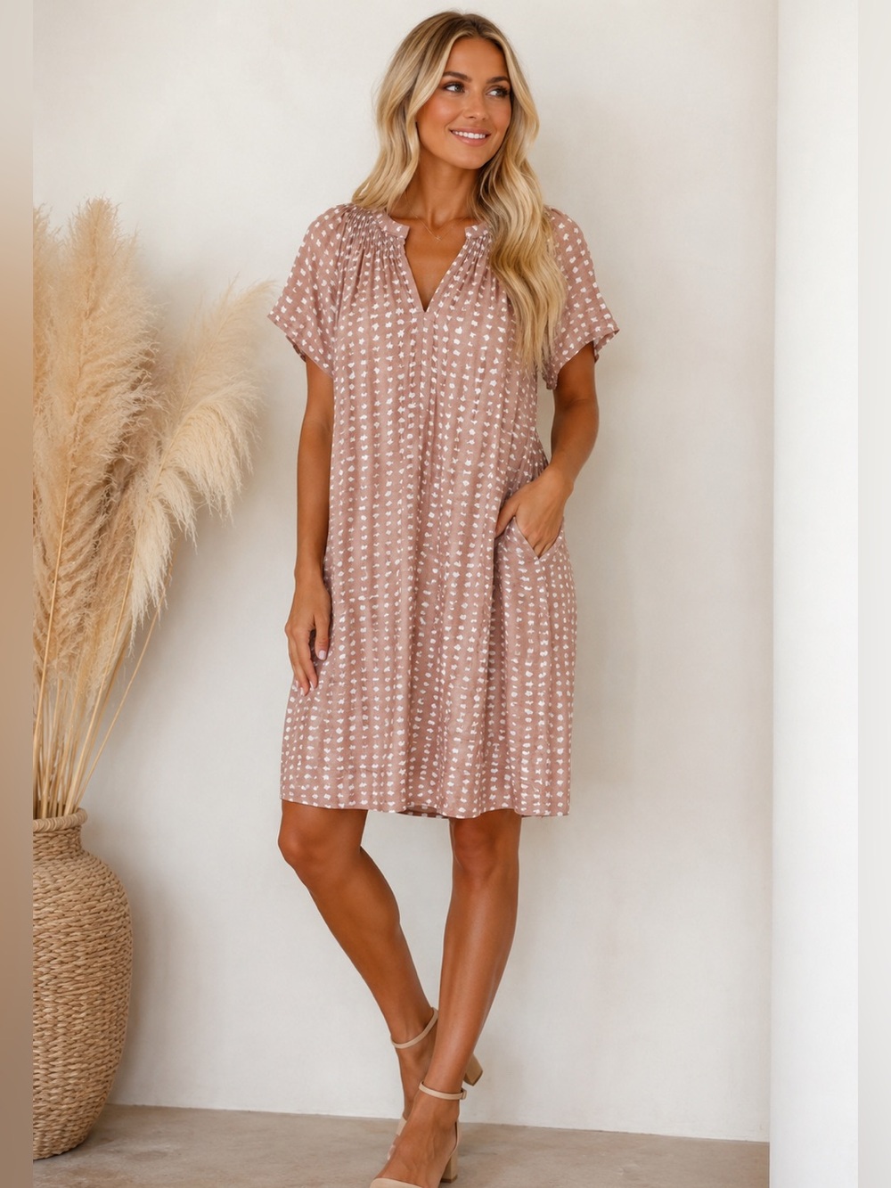 KLD  Printed Pocketed Smocked-Neck Midi Dress NWOT